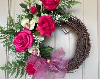 Roses and Orchid Wreath, Gift for her, Gift for Mom, Bridal Shower Gift, Front Door Wreath, Indoor/Outdoor Wreath, Housewarming Gift