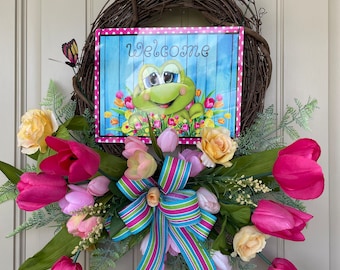 Welcome Wreath, Frog, Summer Wreath, Spring Wreath, Cute Wreath, Tulip Wreath, Tulips, Mothers Day, Gift for Women, Grapevine Wreath