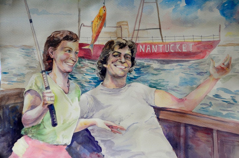 May include: A watercolor painting of a couple on a boat. The woman is holding a fishing rod and the man is smiling and waving. The boat is labeled "NANTUCKET" and there is a red fish in the background.