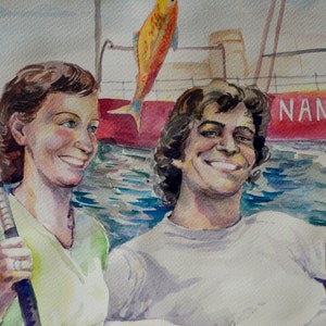 May include: A watercolor painting of a couple smiling on a boat. The woman is holding a fishing rod and the man is wearing a white shirt. The boat is red and has the word "NANTUCKET" written on the side.