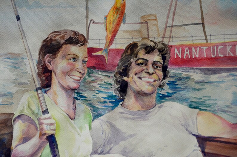 May include: A watercolor painting of a couple smiling on a boat. The woman is holding a fishing rod and the man is wearing a white shirt. The boat is red and has the word "NANTUCKET" written on the side.