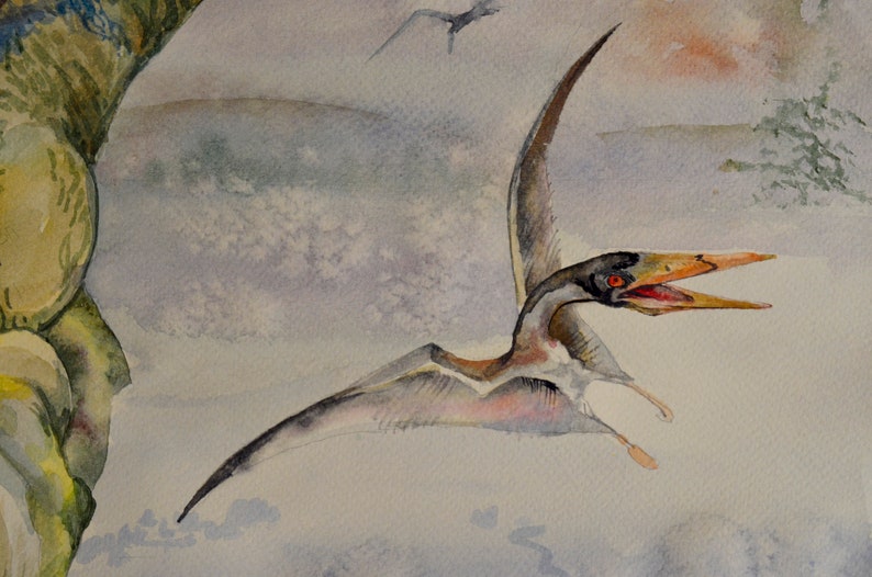 K&ouml;nnte beinhalten: Aquarellmalerei eines Pterodactylus, der mit offenem Schnabel fliegt, vor einem hellgrauen Hintergrund mit einem Hauch von Rosa in der oberen rechten Ecke.