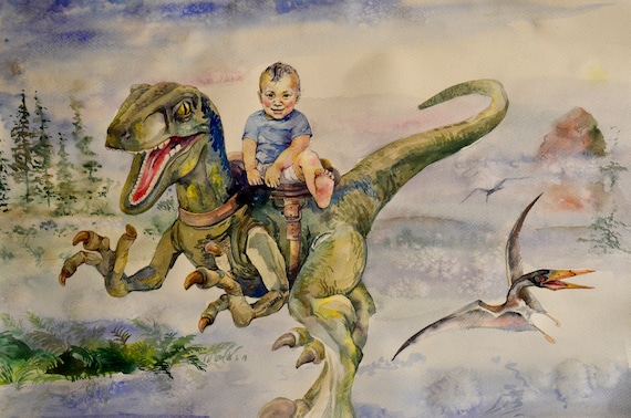 Custom watercolor portrait of baby rides a dinosaur from your own picture