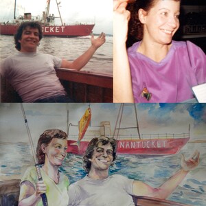May include: A watercolor painting of two people fishing on a boat. The boat is red and has the word "NANTUCKET" written on the side. The people are wearing casual clothing and are smiling. There is a yellow fish hanging from a fishing rod.