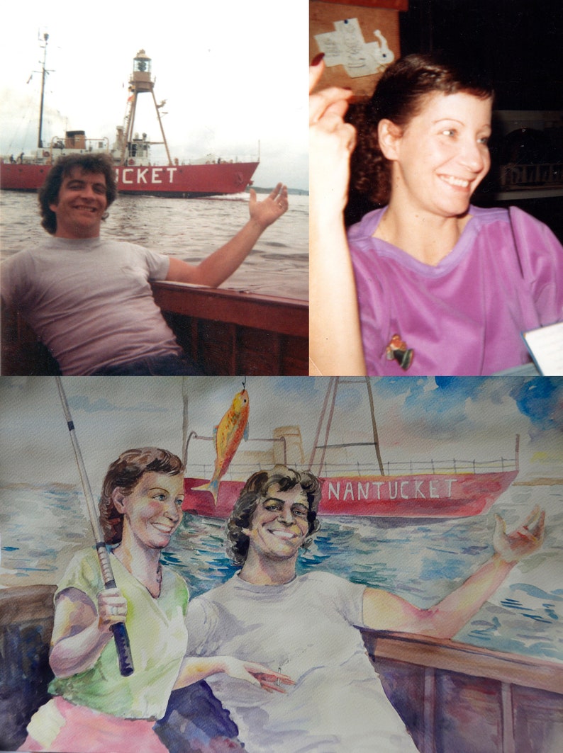 May include: A watercolor painting of two people fishing on a boat. The boat is red and has the word "NANTUCKET" written on the side. The people are wearing casual clothing and are smiling. There is a yellow fish hanging from a fishing rod.