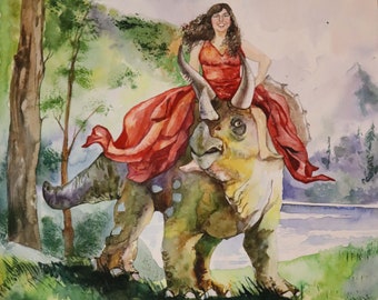 Portrait von einer Person, die auf einem Dinosaurier reitet nach Deinem eigenen Bild