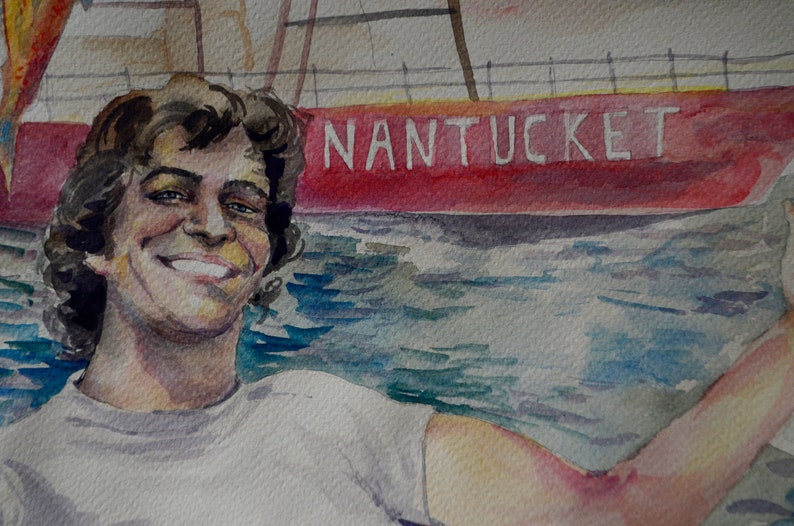 May include: A watercolor painting of a man smiling with the word "NANTUCKET" painted on a red boat in the background.
