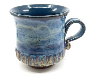 12.5oz Teal Blue Green Brown Wheel Thrown Handmade Coffee Mug Pottery Stoneware Single Finger Unique Handle