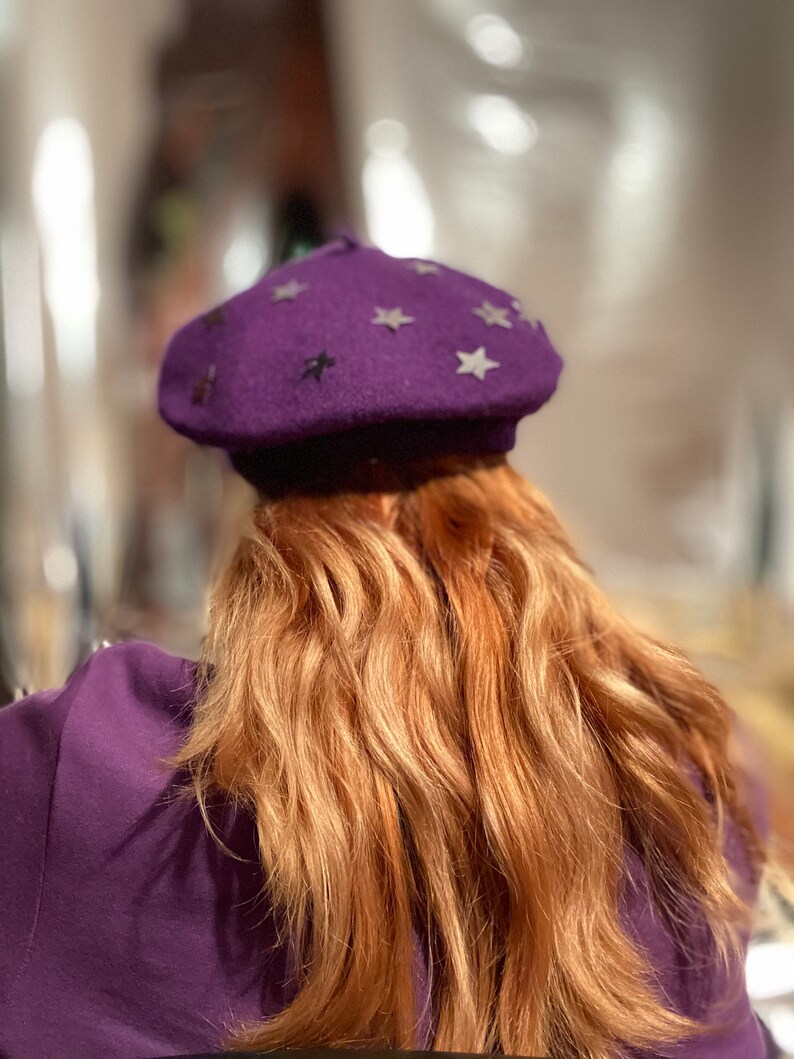 punk style hats with pins embroidery handmade beret slouchy winter wool beret hat for women Purple lilac stars beret