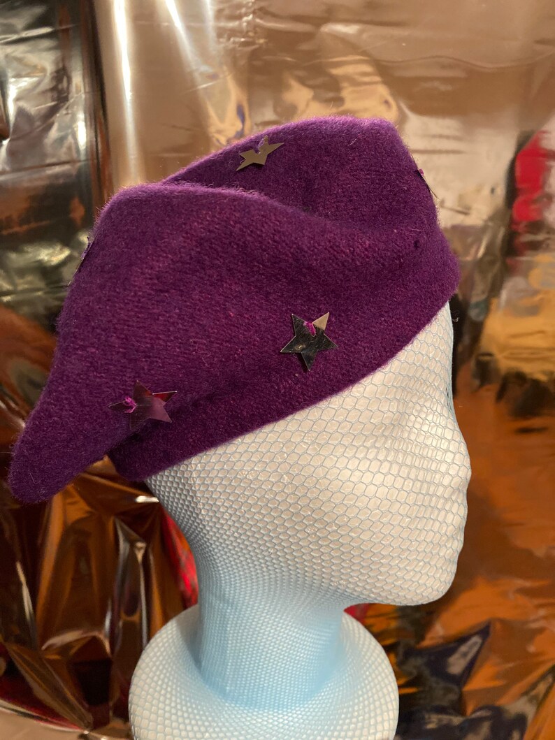 punk style hats with pins embroidery handmade beret slouchy winter wool beret hat for women Purple lilac stars beret