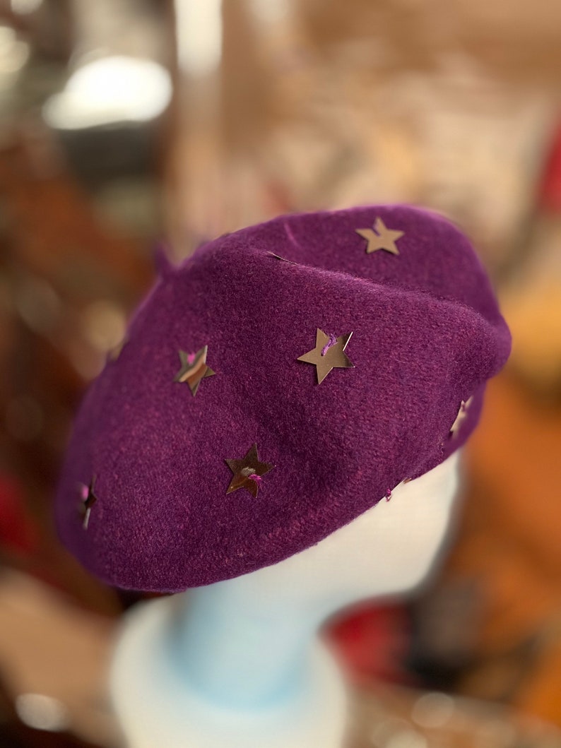 punk style hats with pins embroidery handmade beret slouchy winter wool beret hat for women Purple lilac stars beret