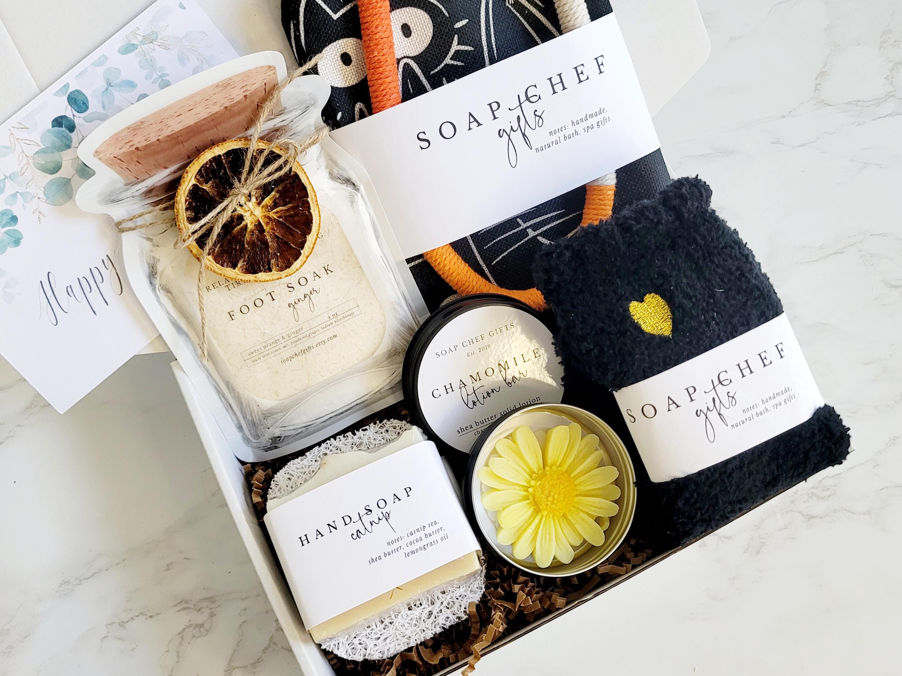 Cat Lover Gift Set: Catnip Hand Soap, Socks, Canvas Pouch, Cat toy, Oatmeal Foot Bath Soak, Solid Lotion