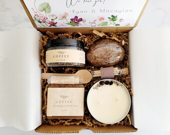 Coffee Lover gift, coffee spa gift box, coffee candle, scrub bar, sugar scrub, thank you gift box.