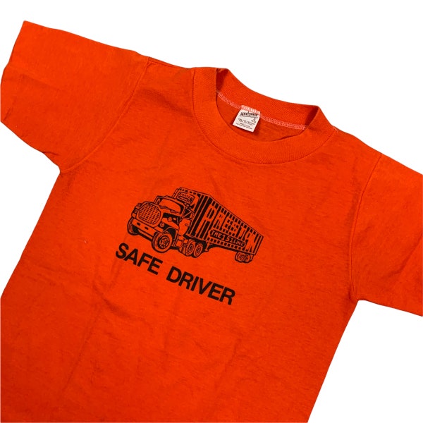 1970s Vintage Single Stitch T-Shirt Made In USA / Transport Truck Preston Safe Driver Graphic / Neon Coloured Streetwear / Retro Style Sport