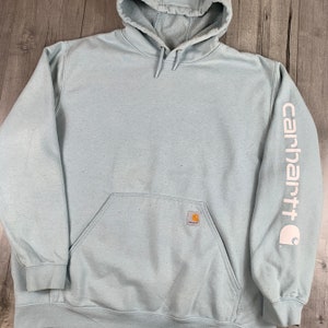 Vintage Baby Blue Carhartt Workwear Hoodie Sleeve Print Spell Out Crewneck Outdoors Graphic Print Streetwear Fashion Retro Style