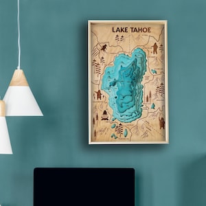 Lake Tahoe Topographic Layered Holz karte von Bright on Birch