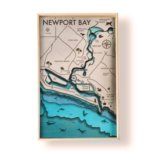Carte topographique en bois stratifiée de la baie de Newport par Bright on Birch