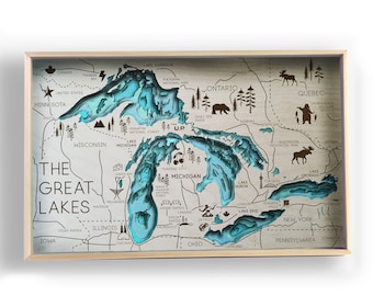 The Great Lakes Topographic Layered Holzkarte von Bright on Birch