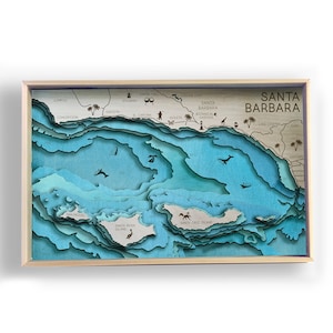 Santa Barbara and Channel Islands Topographic Layered Holz Karte von Bright on Birch