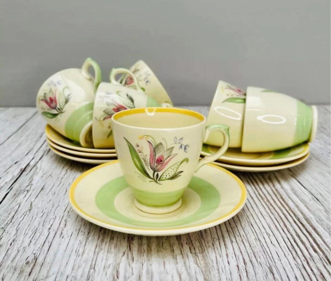 Art Deco New Hall Pottery Tea Cup and Saucer Set (6) Romney Pattern ...