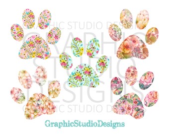 PNG FILE Dog Paws Floral Set of 5 Digital File Instant Download Sublimation Design