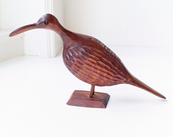 Vintage Hand Carved Wooden Bird Figurine, Long Billed Curlew, Heavy Solid Wood, Crafted in Jamaica