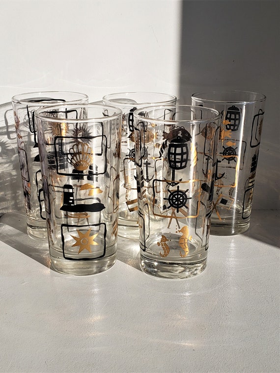 Set of 5 Nautical Themed Tall Drinking Glasses by Dominion Glass of Ca –  Pod22Vintage