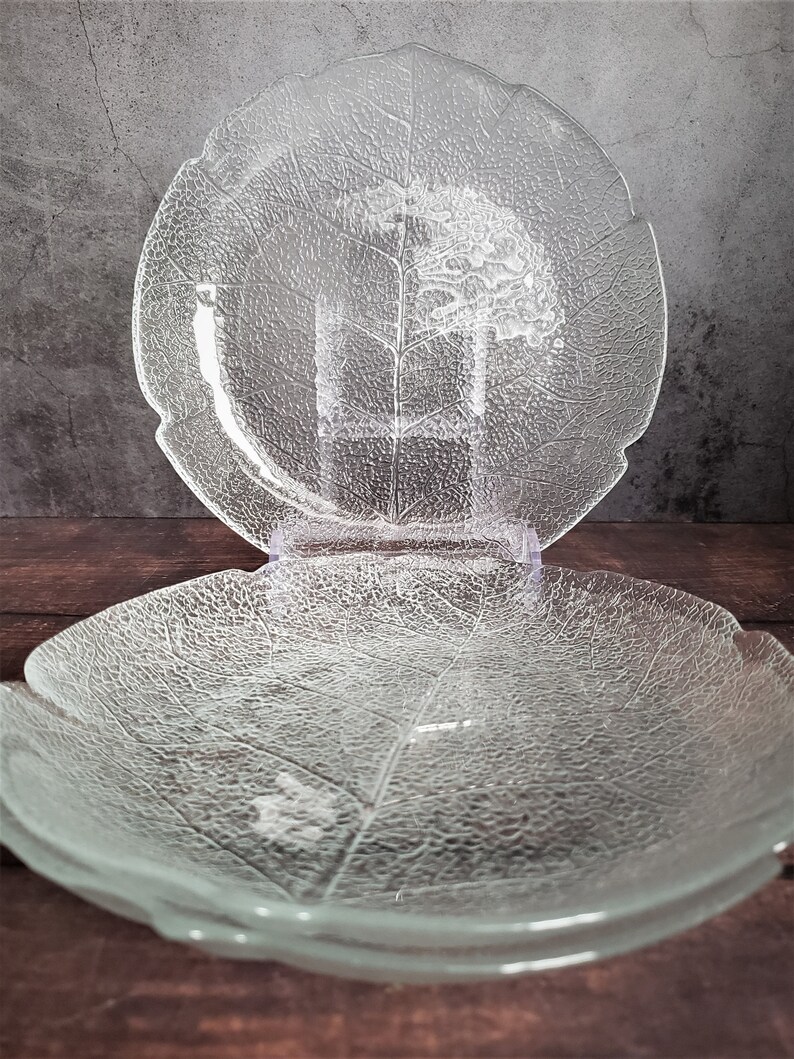 Set of 3 Arcoroc Aspen Leaf Glass Embossed Salad Plates Made Etsy