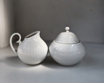 Rosenthal Classic Rose/Romance Set of Creamer and Sugar Bowl, All White, Designed by Bjorn Wiinblad, Made in Germany C.1980s