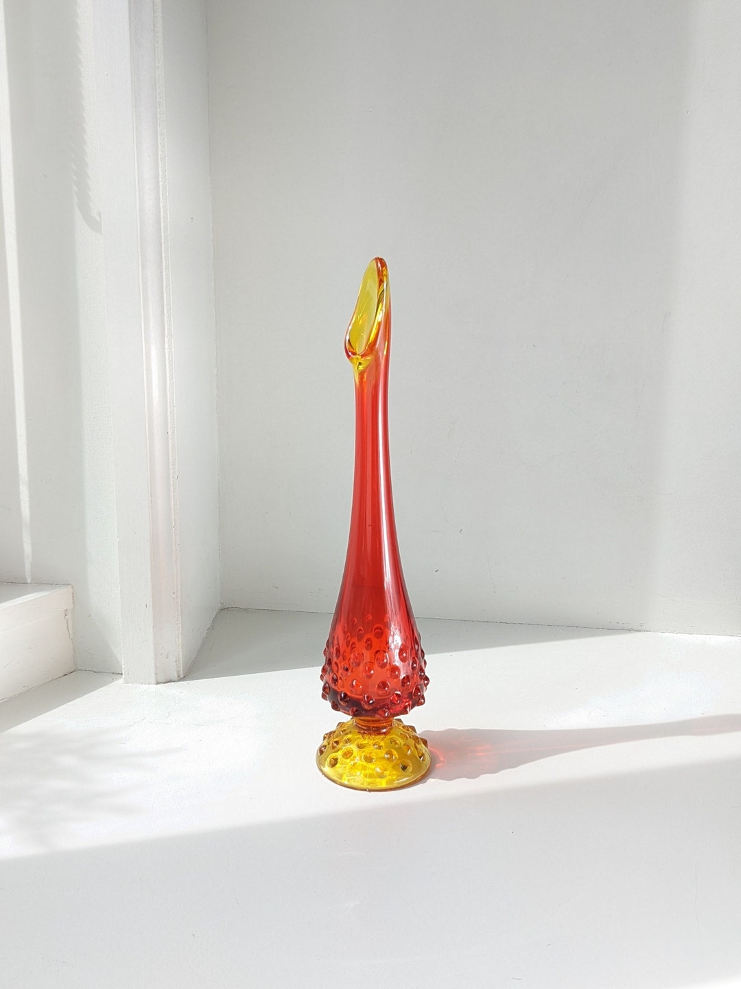 オールドフェントン　アンベリーナ Vintage FENTON Orange/Amberina HOBNAIL Glass Swung VASE 18