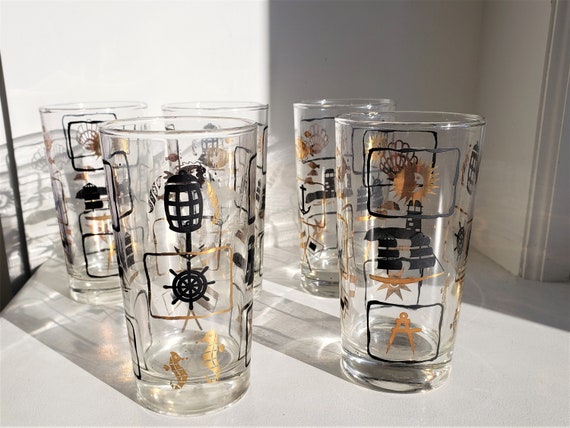 Set of 5 Nautical Themed Tall Drinking Glasses by Dominion Glass of Canada,  10 OZ, Black and Gold Barware, Mid Century -  Hong Kong