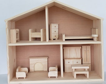1:6 Scale FURNISHED DOLLHOUSE | FULLY Assembled | Fits Fashion Doll | Natural Pine Wood Sturdy | 2 Story | Dollhouse Furniture | Heirloom