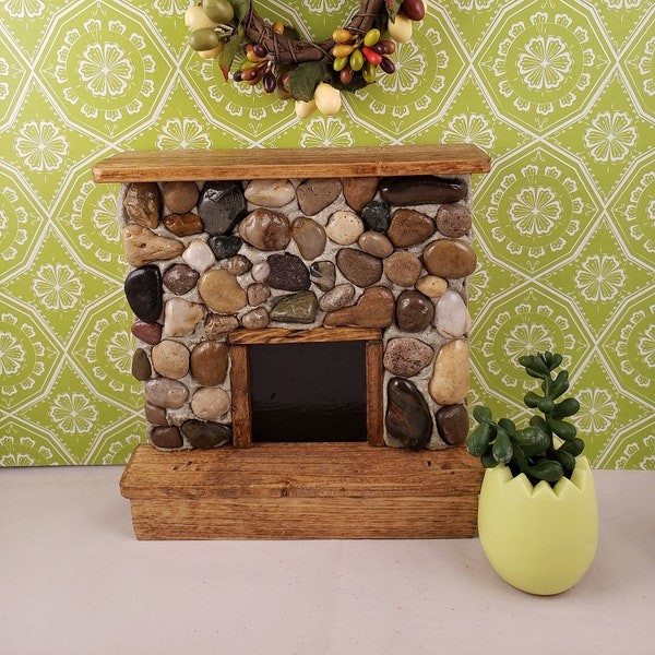 Handmade Miniature Stone Dollhouse Fireplace with Natural Wood Mantle, 1/12 or 1/6 Scale, Dollhouse Miniatures, Log Cabin Decor