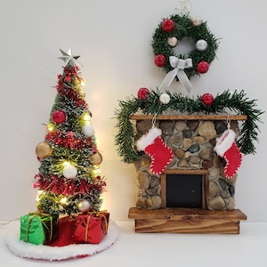 Handmade Miniature Stone Dollhouse Fireplace with Natural Wood Mantle with Christmas Wreath, Garland, Tree, Christmas Stockings