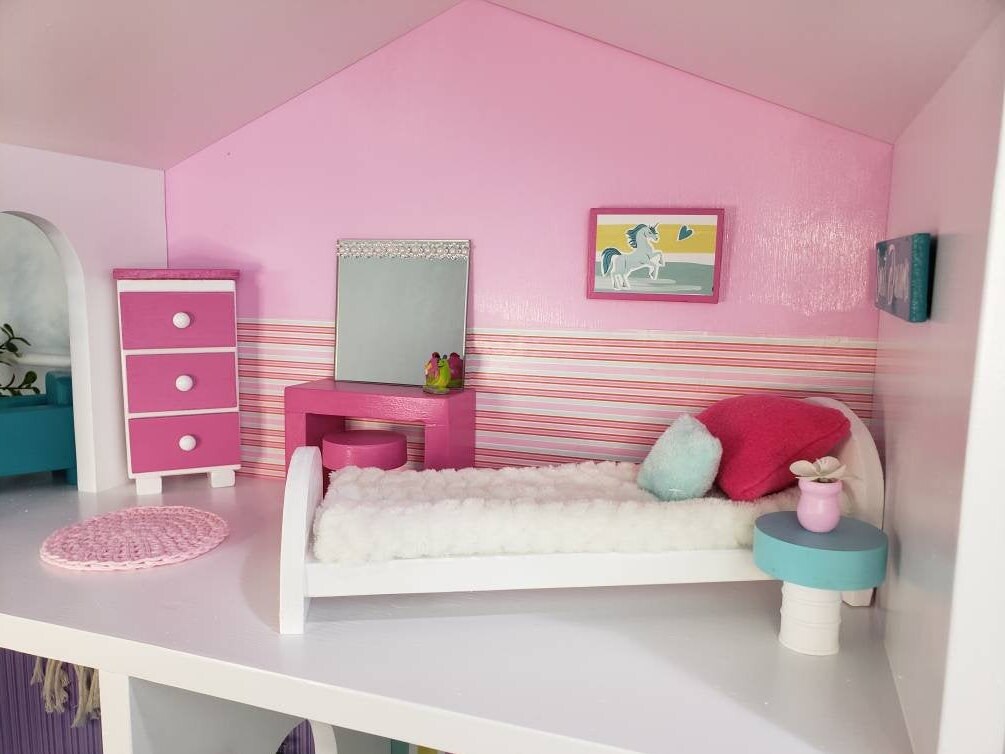 BARBIE Sized WOOD Twin BED and Bedroom Set Dollhouse | Etsy