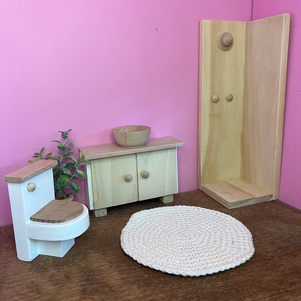 1:6 Scale BATHROOM SHOWER, VANITY, Toilet | Wooden | Sturdy | Dollhouse Furniture | Miniatures | Doll House Accessories | doll | Sink