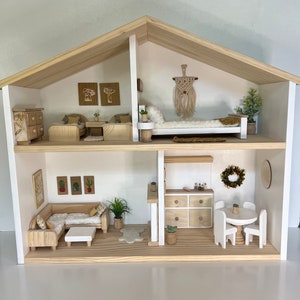 1:6 Scale FARMHOUSE DOLLHOUSE | Fits Fashion | Natural Pine Wood Sturdy | 2 Story | Assembled | Doll Furniture | Miniatures | Christmas Gift