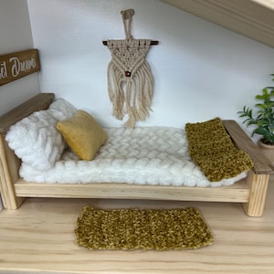 DOLLHOUSE QUEEN Bed | 3 Sizes Available | Sturdy | Wooden | Premium Wood | White Comforter | White and Butterscotch | Dollhouse Furniture