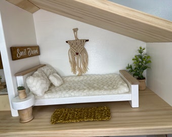 DOLLHOUSE QUEEN Bed | 3 Sizes Available | Sturdy | Wooden | Premium Wood | White Comforter | White Bedding Option  | Dollhouse Furniture