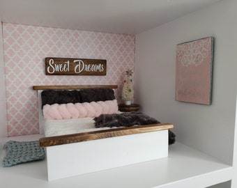 Wooden Dollhouse Queen Bed and Bedding-White Comforter w/ Pink and Gray Pillows-Dollhouse Furniture