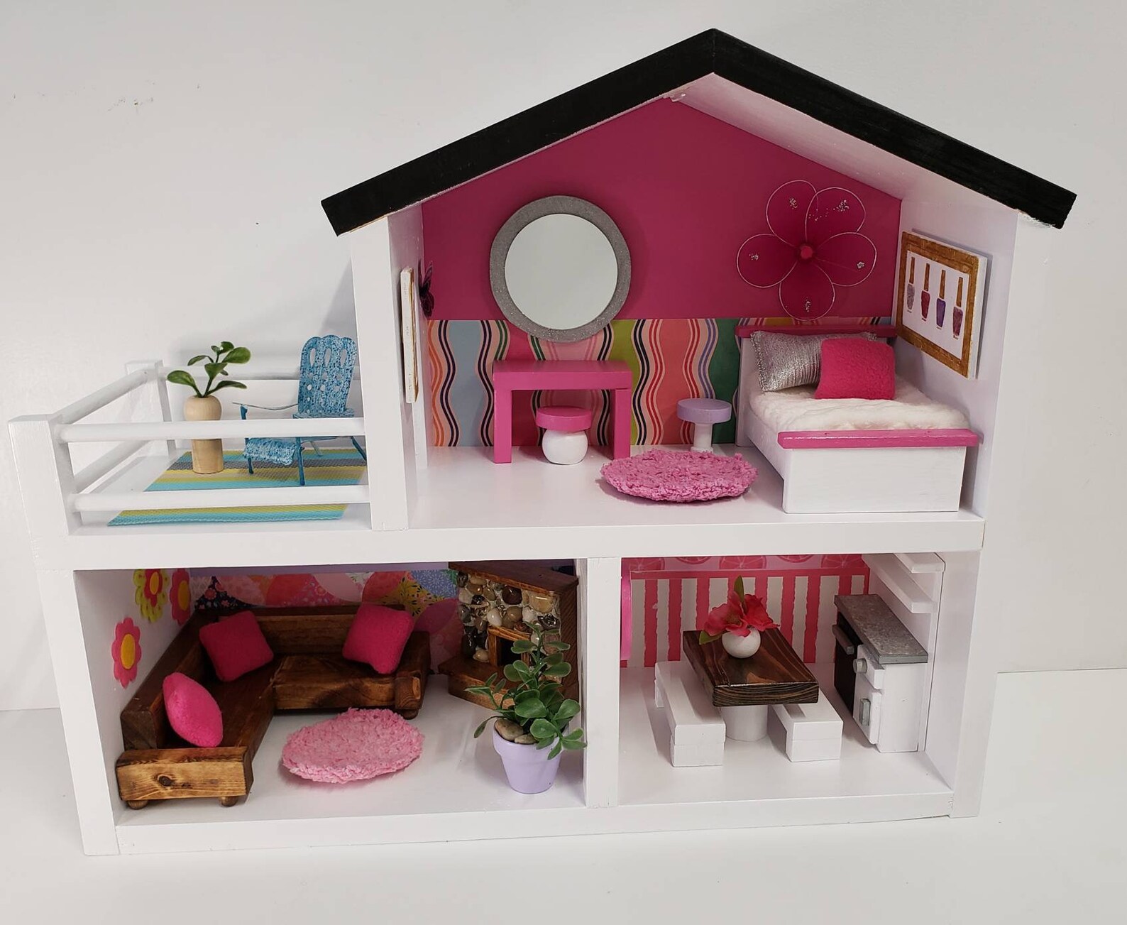 Natural Pine Wood Sturdy Dollhouse 2 Story With Balcony Etsy