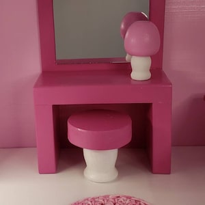 1:6 Scale Wooden Dollhouse Make Up Table, Stool, and Mirror-Dollhouse Furniture, Fashion Dolls, Pink, Wood, Dream House
