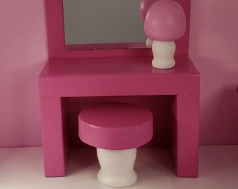 1:6 Scale Wooden Dollhouse Make Up Table, Stool, and Mirror-Dollhouse Furniture, Fashion Dolls, Pink, Wood, Dream House