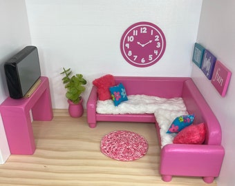 1:6 Scale Wood Dollhouse Sectional | Pink with Teal accents | Handmade | Living Room Furniture | Heirloom Quality | Couch | Fashion Dolls