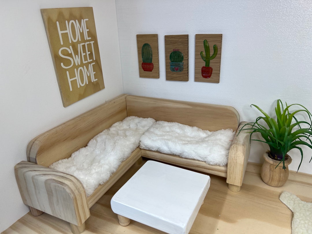 NATURAL Wood SECTIONAL Coffee Table Available Sturdy Dollhouse HANDMADE