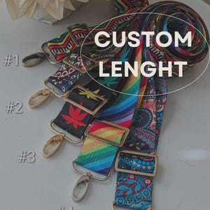 May include: Five colorful patterned straps with gold metal clasps. The straps are labeled #1, #2, and #3. The text "CUSTOM LENGTH" is written in white on a black circle.