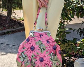 Floral Jacquard Kiss Lock Bag – Pink & Gold Retro large bag. One of a Kind Gift for Her