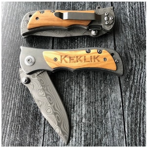 Damascus knife Engraved Knife Mens Gift Custom Pocket Knife Personalized Gift for Men Fathers day Gift  Personalized Knife Gift for Him