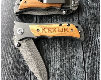 Engraved Damascus Pocket Knife, Personalized Gift for Men