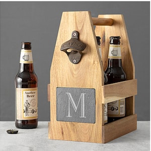 Personalized beer bottle carrier, bierträger bottle opener, Handcrafted Wooden Bottle Caddy,6-Pack Beer Carrier with Metal Bottle Opener